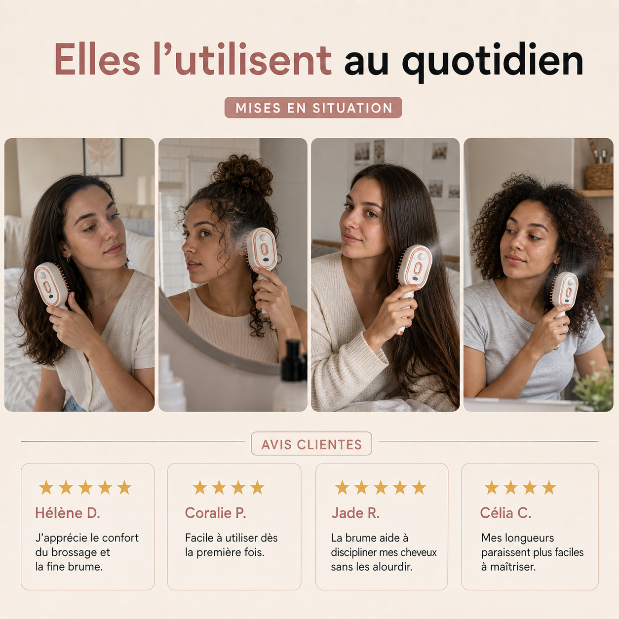 Quatre mises en situation de la brosse Sprivva et quatre avis clientes