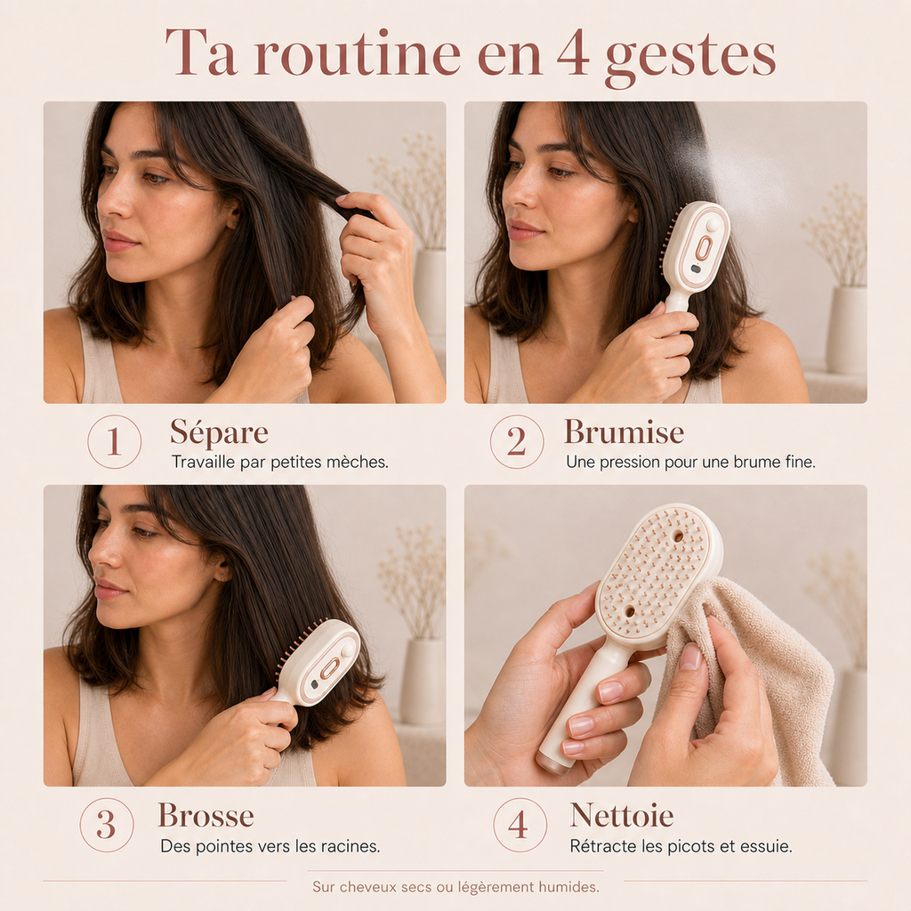 Utilisation de la Brosse Brume Express Sprivva en quatre gestes sans étape de remplissage