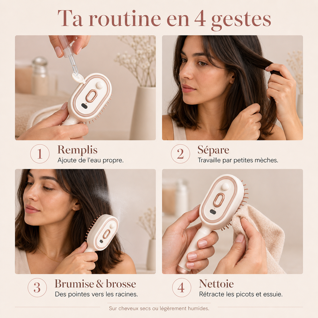 Mode d’emploi de la brosse brume Sprivva en quatre gestes