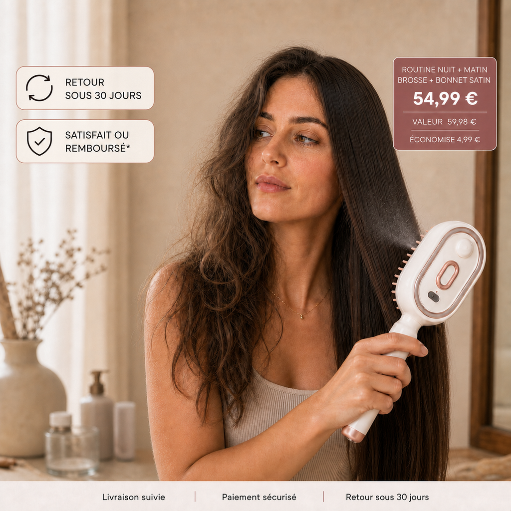 Brosse Sprivva en main, cheveux plus lisses et badges retour sous 30 jours