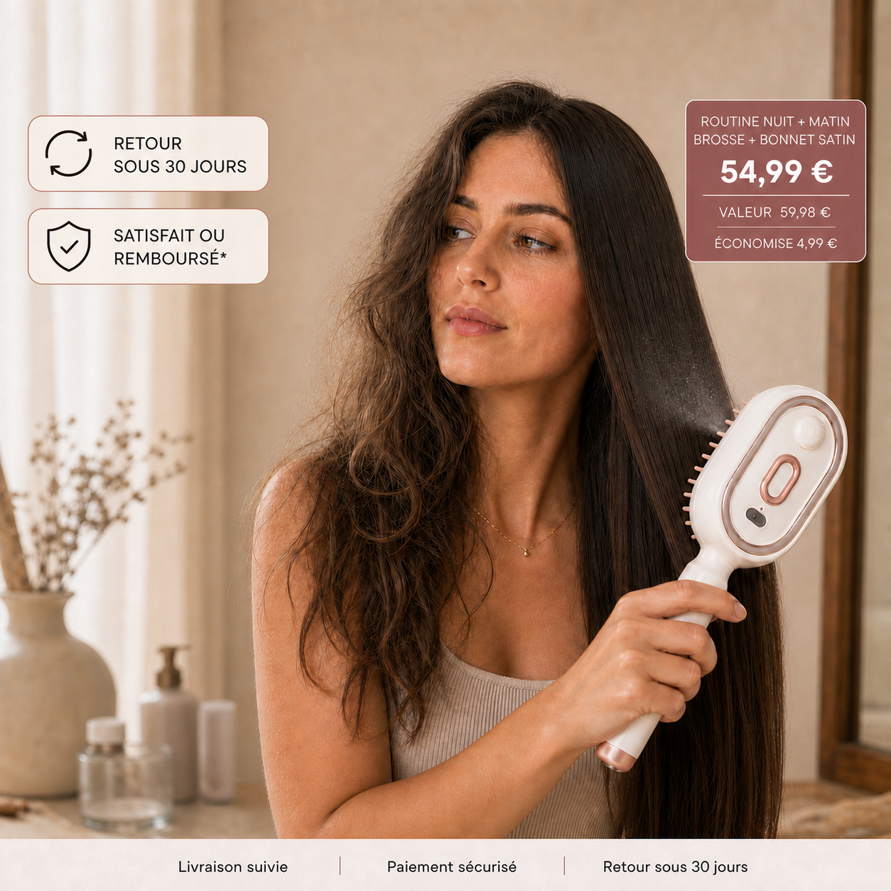 Brosse Sprivva en main, cheveux plus lisses et badges retour sous 30 jours