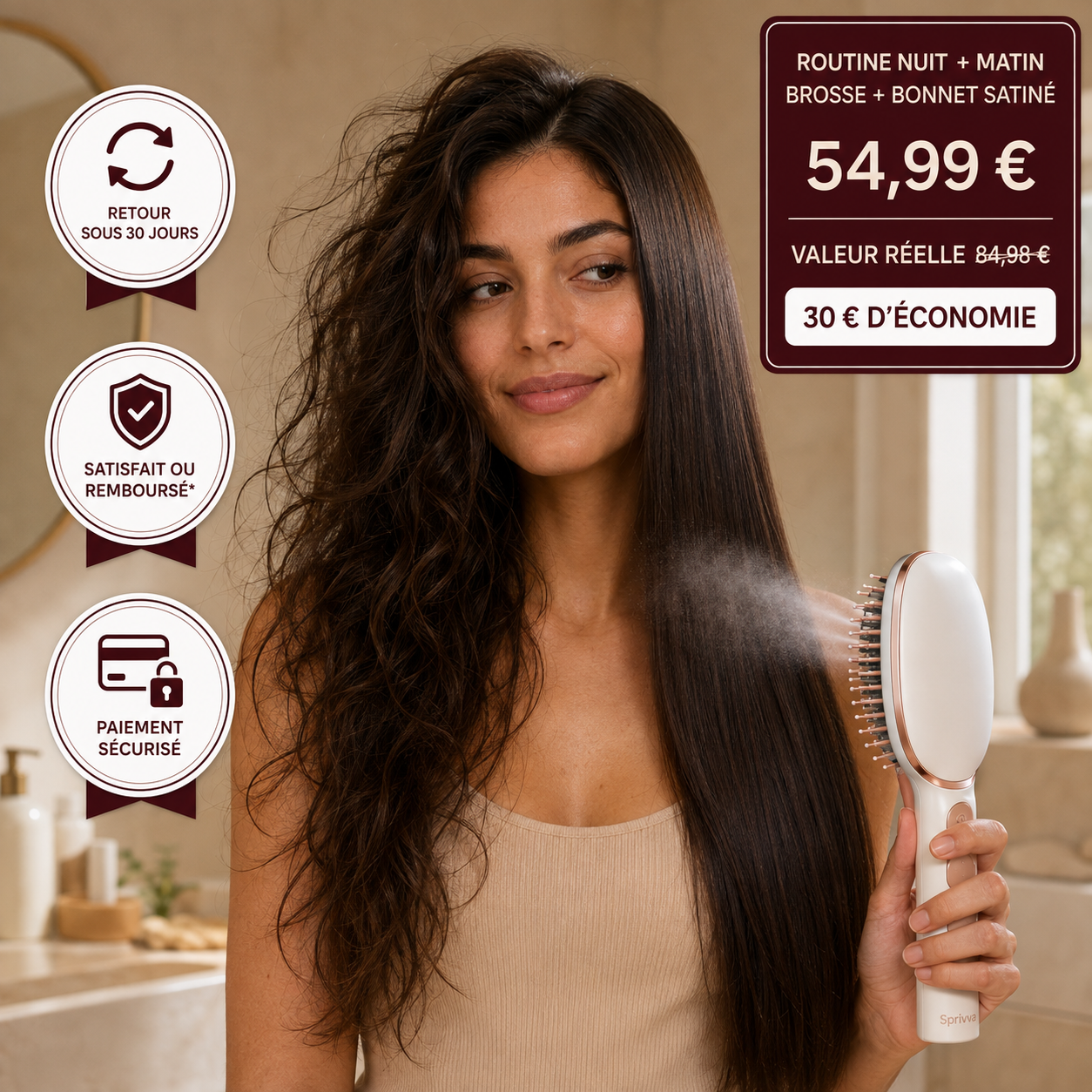 Routine nuit et matin Sprivva avec cheveux avant-après, 30 € d’économies et garanties